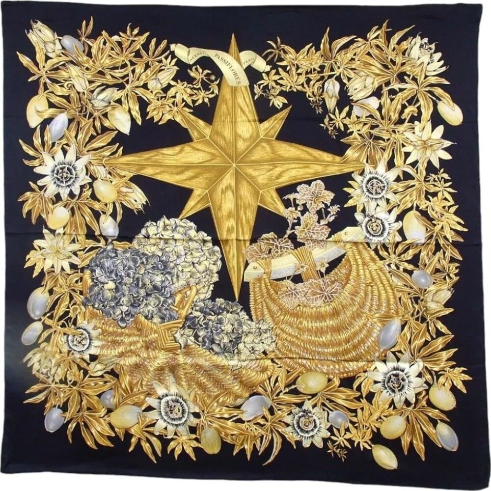 010176AQ (S1) Hermes Scarf Carre 90 Passiflores Black Silk - Picture 1 of 9